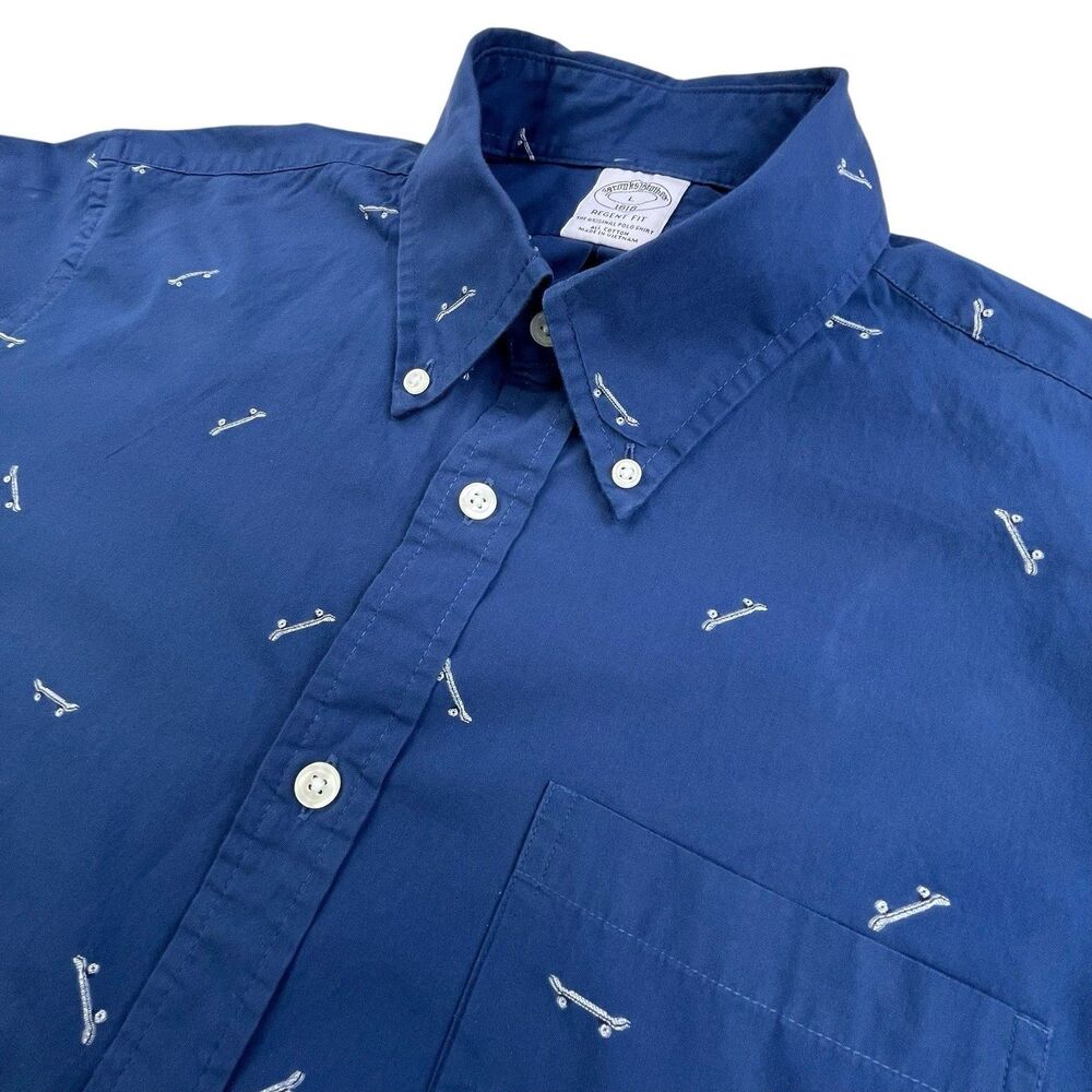 Brooks Brothers Shirt Men Large Blue Skateboard Embroidery Regent Fit Skate Polo